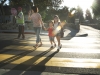 Maiko Ludes walks her daughter, Sophie, 7, right, to school with her little sister Maddie, 4