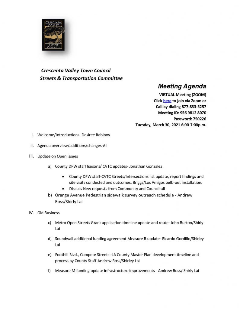 Agenda for CVTC Streets & Transportation Committee Meeting Crescenta